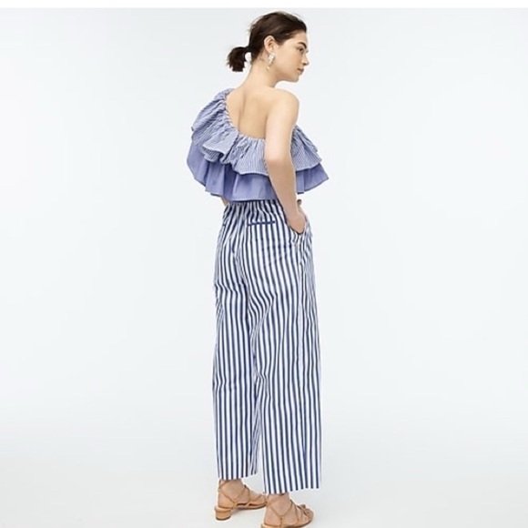 J. Crew One Shoulder Ruffle Jumpsuit Blue White Stripe 100% Cotton Size US 4 - Picture 4 of 16